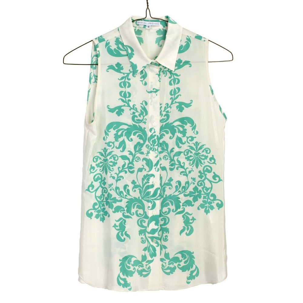 NWT AMANDA UPRICHARD Ivory Mint 100% Silk Damask Print Sleeveless Blouse $160
